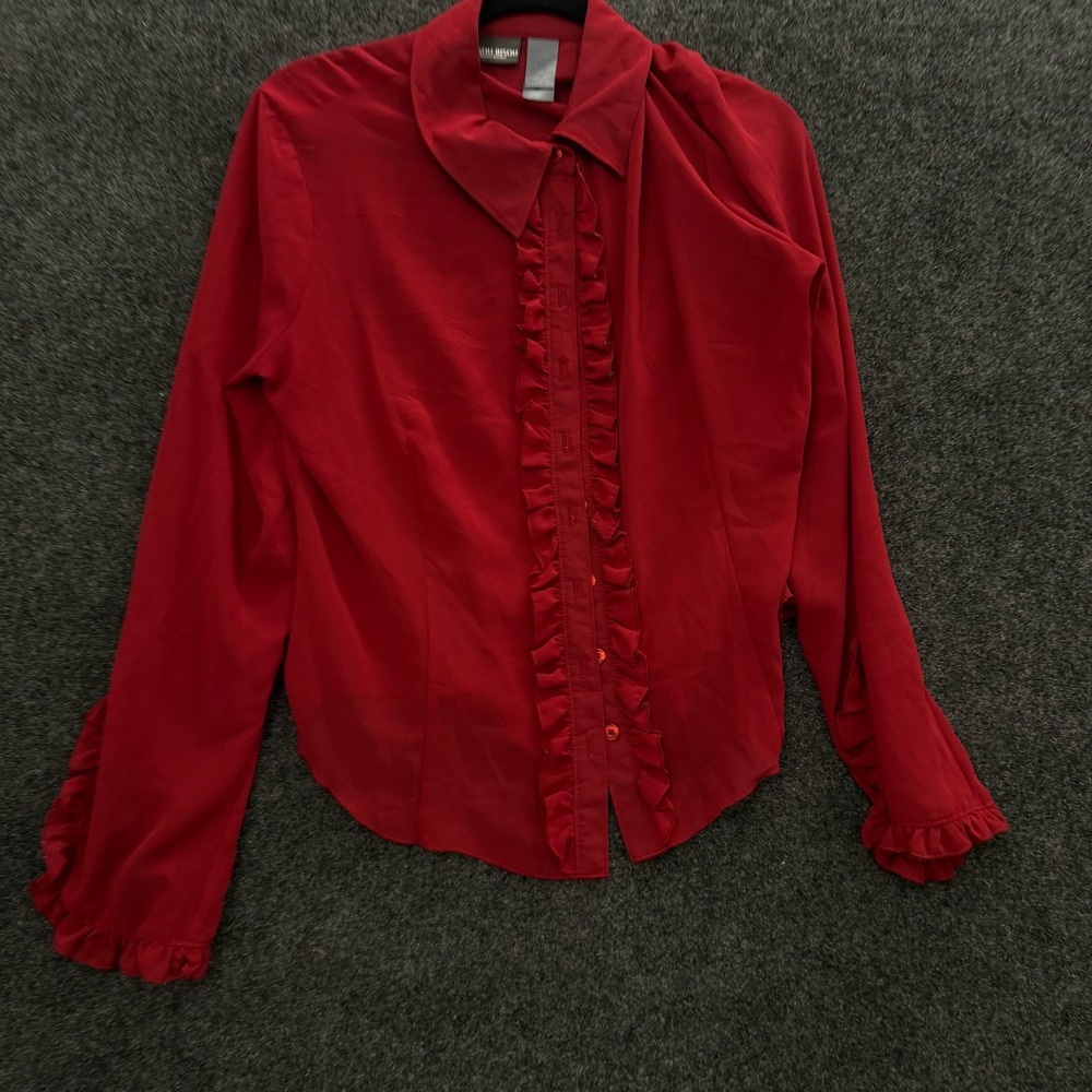 Bisou Bisou Michele Bohbot Red Ruffle Button Down Blouse 90s Vintage Size 16